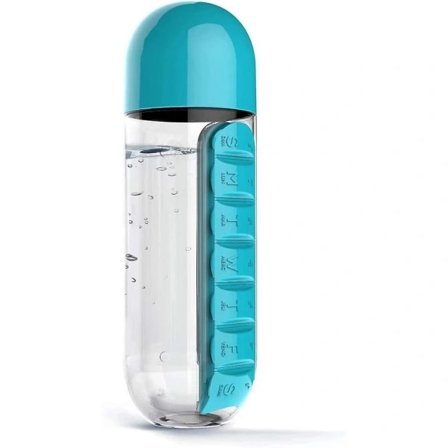 Daglig pillerask med 590 ml vattenflaska, pillerask för utomhusbruk, resevattenflaska med pillerask - Blå