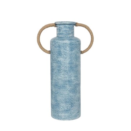 Metallinen maljakko köysikahvoilla, sinivalkoinen, 26x14x44 cm