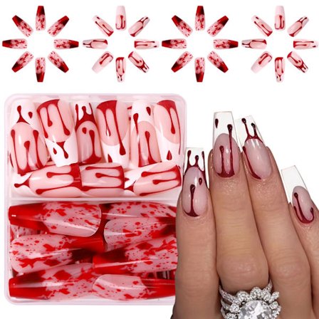 Spøgelsesagtige røde blod negledekorationer 48 stk. ABS-materiale Lang festdekoration