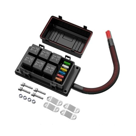 Relæboks 12v med 6 stk. 4-benede relæer og 6 stk. ATC/bladsikringer Formonteret relæboks med relæsæt