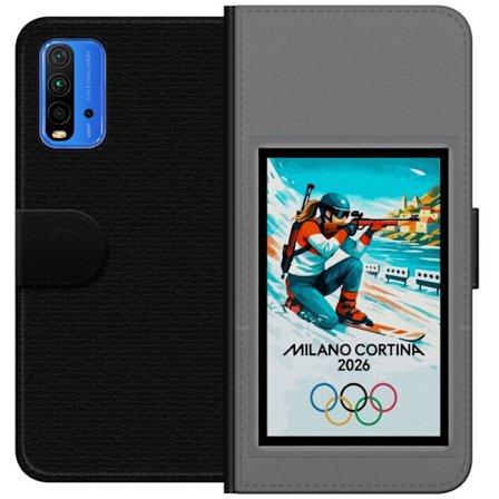 Kompatibelt Lommeboketui til Xiaomi Redmi Note 9 4G Retroplakat Cortina Milano 2026 med fjell, vintersportsutøvere, italienske trikolor, Milano-katedr