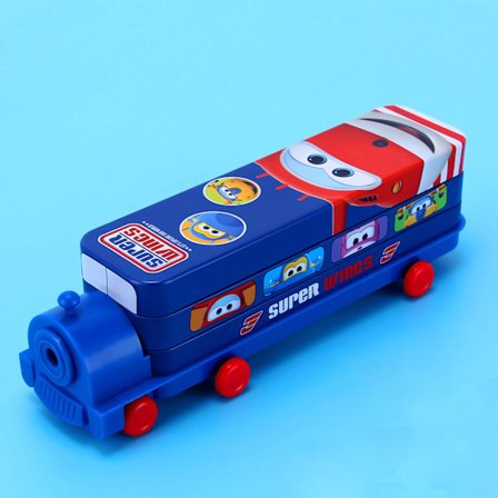 Tegneserie Blyantsæske Tog Form 2 Lag Stor Kapacitet Foldbar Skrivebordsboks til Studerende Hjem Skole Mørkeblå Super Flyvende Mand