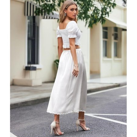 Dame Satin Halvslip med Blonde, Lang Underkjole hvid