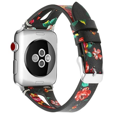 Apple Watch (45 mm) klockarmband i äkta läder med topplager av koskinn - Röd Blomma