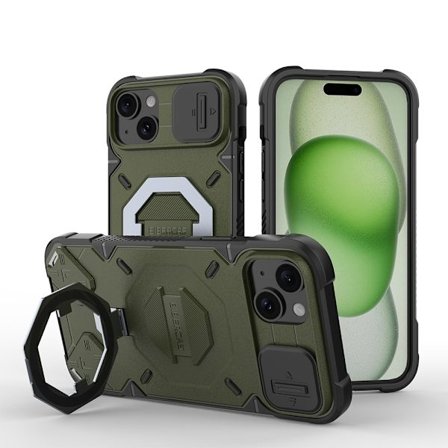 Kompatibel med IP-15PLUS stødsikkert etui, telefonetui med stativ, mørkegrøn