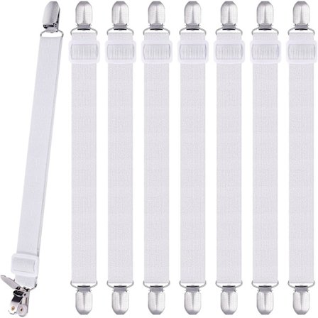 8 stk. lagenclips, justerbare lagenholdere, højelastiske pull-on lagenbånd med clips, lagenfastgørelser maks. stræk 120 cm, lagenholder hvid