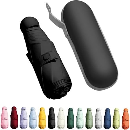 Reise Paraply - Mini Kompakt Sammenleggbar Paraply med Etui, 8 Ribber, Lett Bærbar Paraply, Liten Sol- og Regnparaply