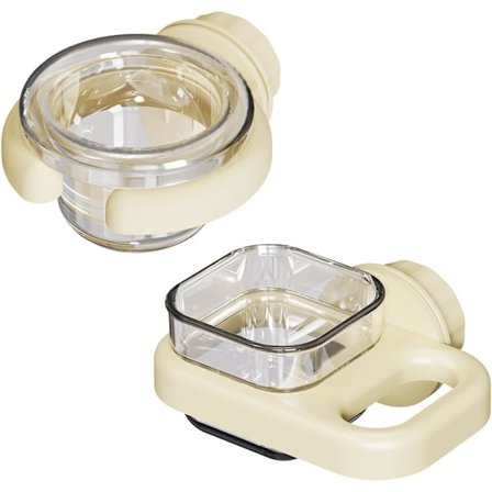 To aftagelige, transparente skåle med en hvid stander til kanariefuglefrø og vand.