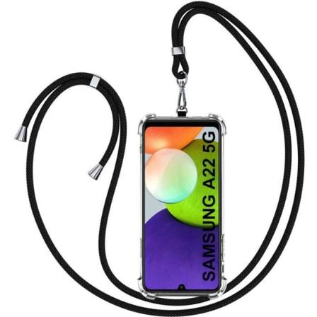 Fodral för Samsung A22 5G (6,6") TPU tunt hörn förstärkt skydd med halsband Svart Transparent-svart