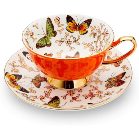 Sommerfugl Tekop og Underkop Sæt, 200 ml Fin Benporcelæn Latte Kop - Orange Reaktiv Glasur, Elegant Cappuccino & Tekop til Kvinder, G