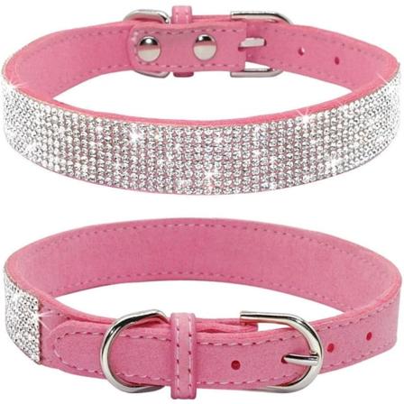 Hundehalsbånd med rhinestones, imitert skinn, størrelse XXS, rosa