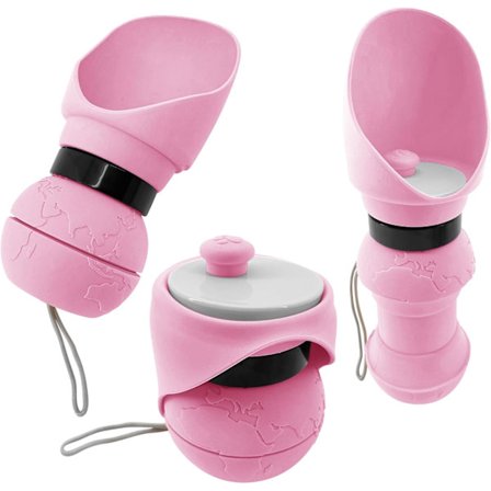 Sammenfoldelig vandflaske i silikone til kæledyr - 560 ml rejsekrus til hunde & katte | Letvægt, lækagesikker & let at rengøre (lyserød)