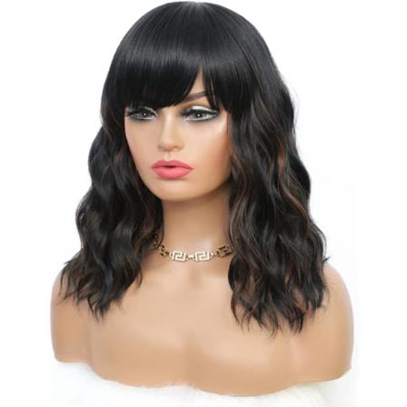 Kort Bob Peruk Med Bangs Black, 16"