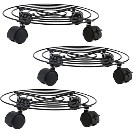 3-pack 30 cm Metall Växtvagn med Hjul, Kraftig Trädgårdsväxtkruka Dolly, Järn Krukväxt Rund Blomkrukställ på Rulle