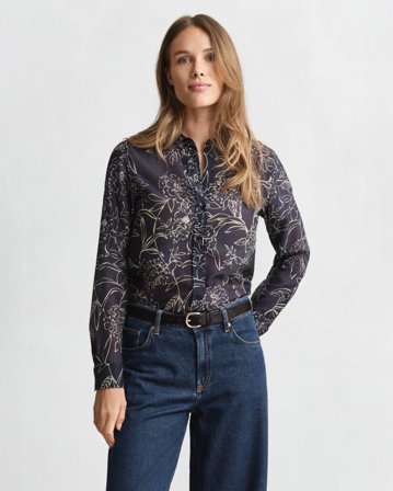 GANT Damen Regular Fit Bluse aus Baumwolle und Seide mit Blumen-Print (40) Marineblau