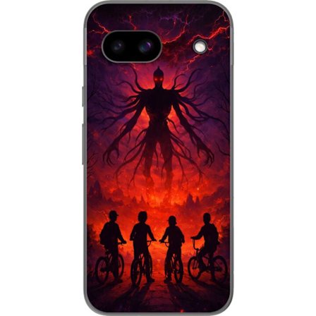 Kompatibelt Mobilskal till Google Google Pixel 8a Mörk fantasyillustration inspirerad av Stranger Things med övernaturlig varelse, blixtar och cykla