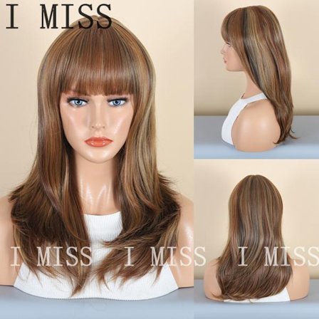 Naturlig syntetisk peruk med bruna mikrolockar och lugg