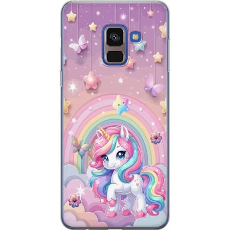 Kompatibel Mobilcover til Samsung Galaxy A8 (2018) Magisk enhjørning med regnbue manke, stjerner og sommerfugle mod en pastelfarvet himmel med skyer