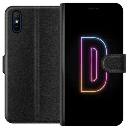 Kompatibel Tegnebogsetui til Xiaomi Xiaomi Redmi 9A Minimalistisk neonbogstav D i farveskiftende lys mod sort baggrund i moderne digital design