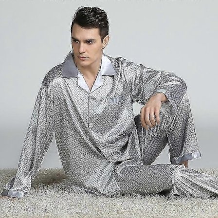2025 Nyt herre langærmet silkesatin klassisk trykt pyjamassæt luksus silkeagtigt pyjamas nattøjssæt - 2025 sølvgrå