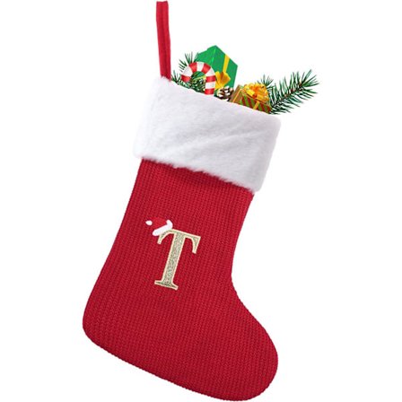 Jule Strømper, Medium Julepersonaliserede Strikkede Strømper med Bogstaver, Røde Pejsophængende Julemandssokker til Julepynt Julegave