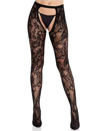 Rose Lace Crotchless Tights With Open Back Black - Leg Avenue