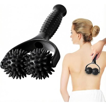 2-hjuls silikon piggete massasjeballrulle med håndtak - Håndholdt trykkpunktsmassasje for fot, nakke, arm, bein, kropp, muskelsmerter og