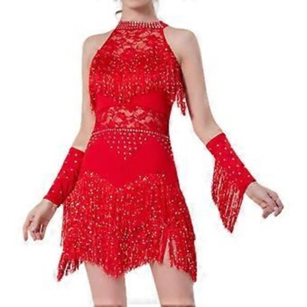 Dansklänning med fransar och tofsar för kvinnor, glittrig och stilfull klänning för festivaltango (Röd M)