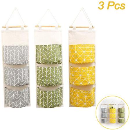 Bomull Och Linne, Förvaringsväska, Randig:grön+grå+gul 3st