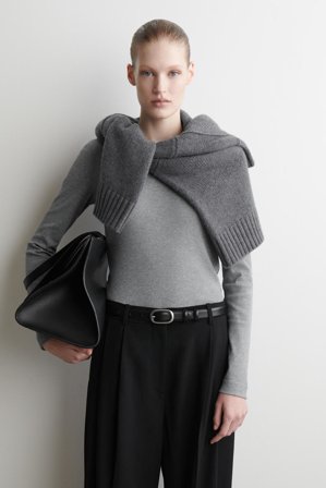 COS Women's Ribbed Jersey Long Sleeve Top in Grey