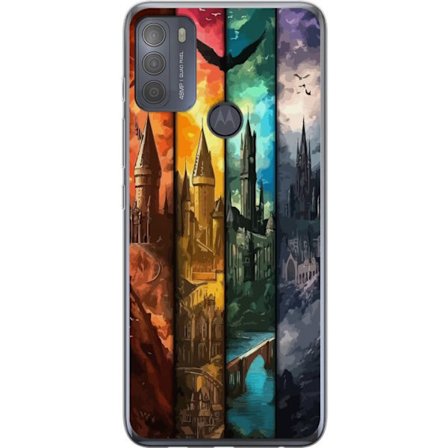 Kompatibel Mobilcover til Motorola Motorola Moto G50 Fire magiske slotte i forskellige elementfarver, episk fantasykunst med ild vand luft og mørke i