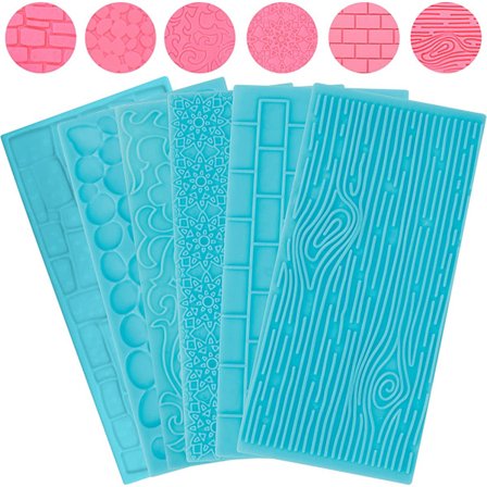Sukkerpasta-præger til chokoladekager (pakke med 6) - Mursten, træ, blomster, brosten og småstenstryk - 3D-reliefsmåtte til konditori til slik, 