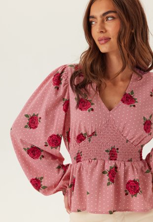 Bubbleroom - V-neck Smock Blouse - Pink/Patterned - Kläder