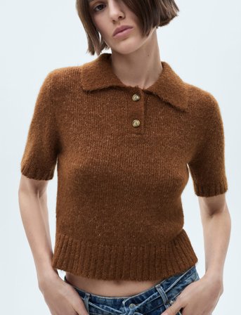 Mango Knitted Polo Shirt With Ribbed Details - Brown - S