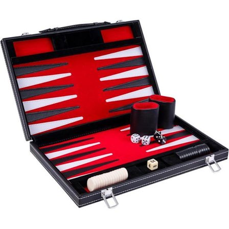Backgammon 38 cm, i en resväska, filt och konstläder sydd röd/svart/vit