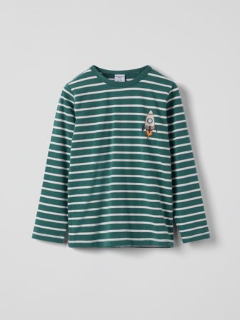 Polarn O. Pyret - Long-sleeved striped t-shirt space rocket - 104 - Childrenswear - green