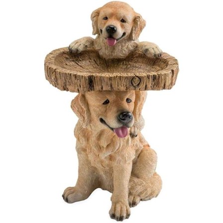 Kaksi leikkisää kultainennoutajaa -koristeellinen linnun kylpyamme käsinmaalattu, säänkestävä puun näköinen hartsi, maisema- ja puutarhakoriste