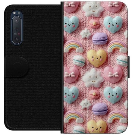 Yhteensopiva Lompakkokotelo Sony Xperia 5 II Pastellimotiiivi sydämillä, pilvillä, sateenkaarilla ja makaronseilla vaaleanpunaisella taustalla suloise