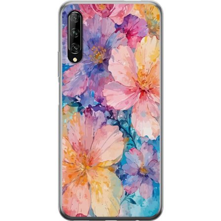 Yhteensopiva Puhelinkuori Huawei Huawei P smart Pro 2019 Vesivärimaalaus suurilla kukilla vaaleanpunaisissa, sinisissä ja keltaisissa sävyissä peh