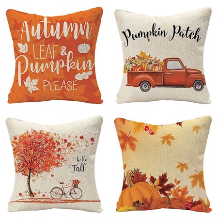 Set med 4 dekorativa höst-kuddfodral - Höstpumpa lantlig linne 18 x 18 tum Kudde Kuddfodral för soffa Dagbädd Hem Utomhus Bil (18 tum x 18 tum 