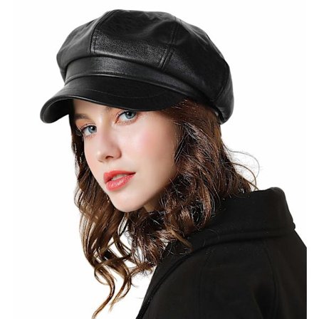 Klassisk ensfarvet fransk beret til kvinder Newsboy Hat Cup Boys Faux Leather Hats til kvinder