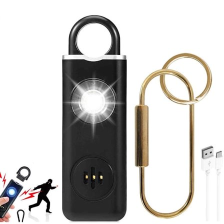 130 desibelin henkilökohtainen turvahälytin - itsepuolustushälytin taskulampulla USB-laturi - Musta