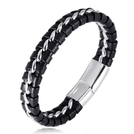 Barnpojkar Äkta Läder Svart Armband. Titan Silverkedja med Magnetisk Spänne 18,5cm