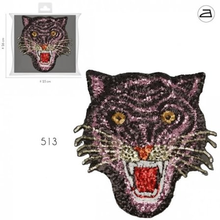Värmeapplikation - MC - Paljett-tiger - Rosa - 22cm x 23cm