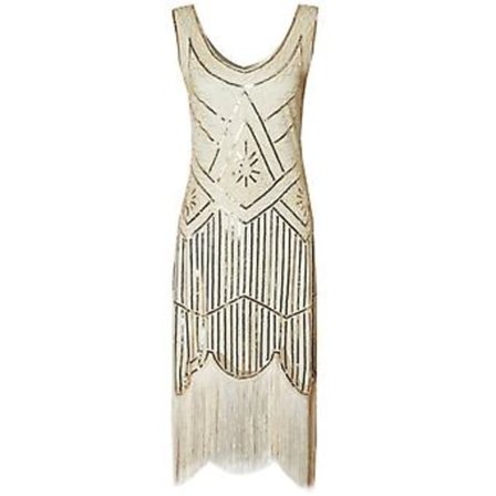 Kvinnors 1920-tals Flapperklänning Lång fransad Great Gatsby Kostymklänning 20-tals Vintage Festpaljetter Pärlor Vintage Klänningar (S Beige)