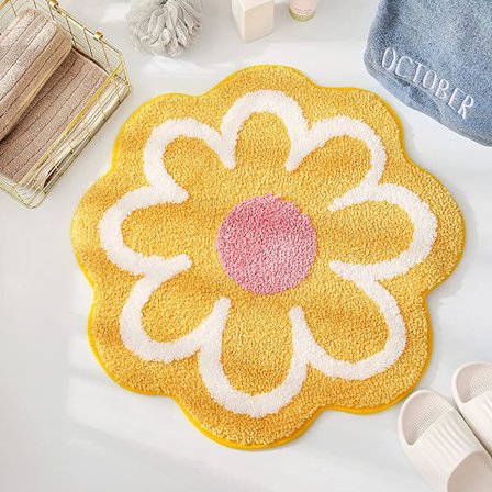 Sklisikker badematte for baderom, absorberende badematte, nydelig blomsterformet baderomsmatte, duskmyk myk dusjmatte(60*60cm,Gul)