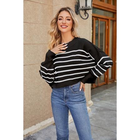 Høstgensere for kvinner med lange ermer, stripete, overdimensjonerte gensere, trendy, avslappet, rund hals, strikkede topper, pullovergenser Black 
