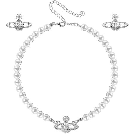 3-delad Saturn konstgjord strass pärlhalsband set vit kristall smycken dam