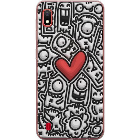 Yhteensopiva Puhelinkuori Samsung Samsung Galaxy A10 Abstrakti mustavalkoinen doodle-kuvio, jossa on hahmoja ja punainen sydän, taiteellinen graafine