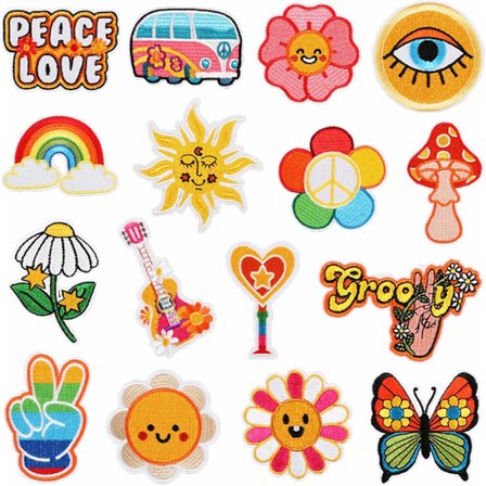 16 stk. Hippie Stryke-på-merker Vintage Sy-på Broderte Applikasjonsmerker Fredstegn Reparer Merke Retro DIY Håndverkstilbehør for Klær Ryggsekker H